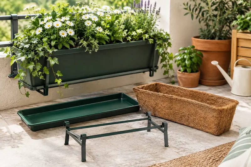 Support, soucoupe et doublure disposés près d’une jardinière de balcon