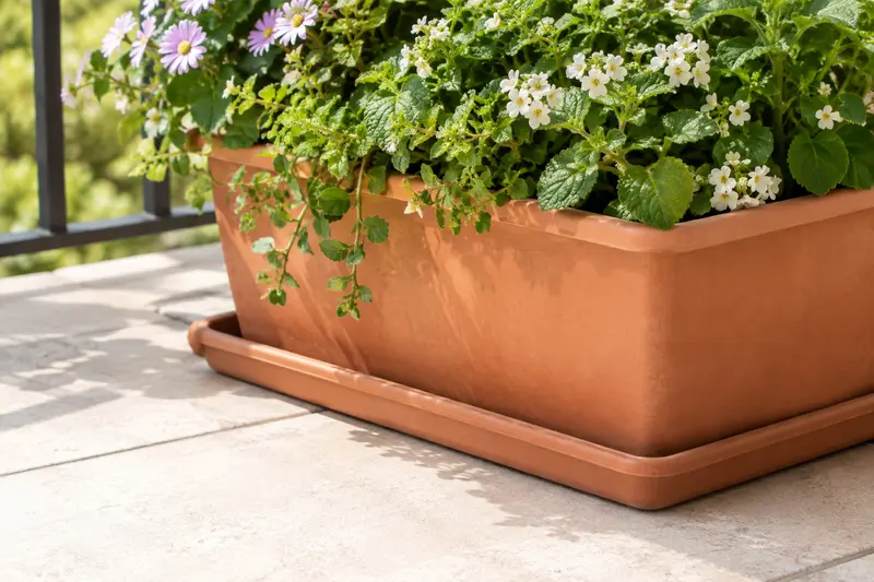 Soucoupe rectangulaire installée sous une jardinière fleurie de balcon