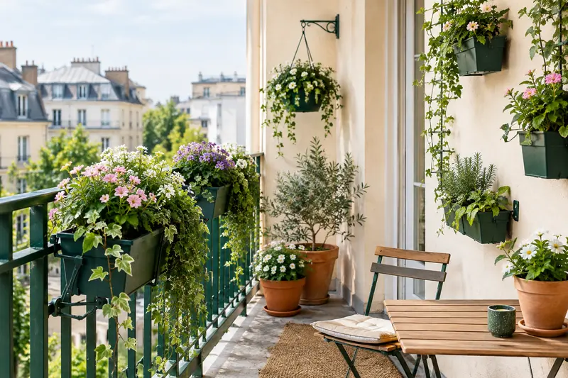 Jardinières fixées à une rambarde et suspendues sur un balcon