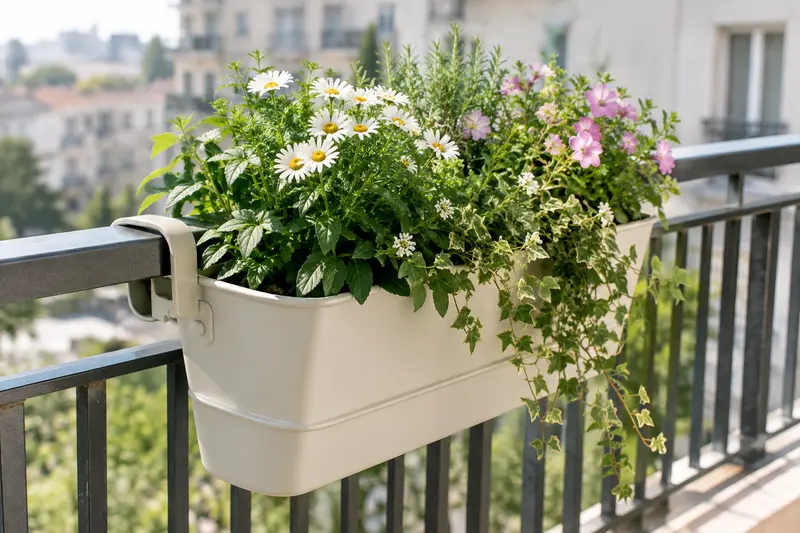 Jardinière à crochets fixée à une rambarde avec des fleurs