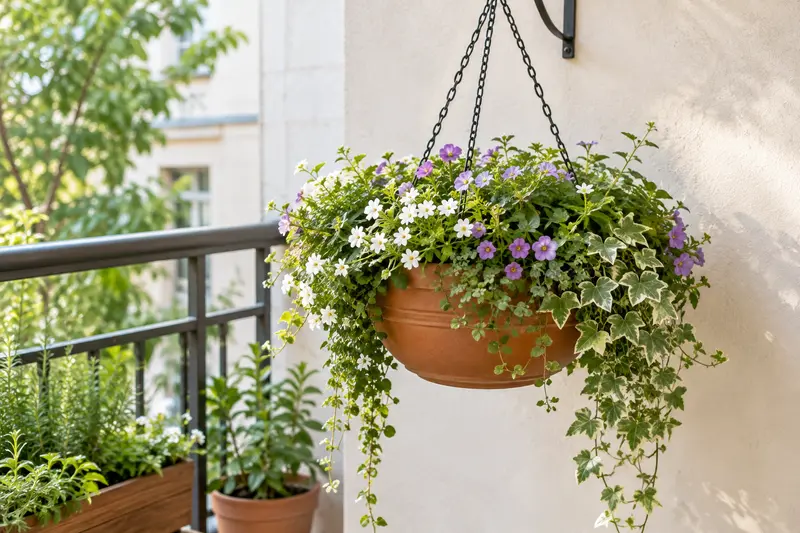 Jardinière suspendue avec plantes retombantes sur un balcon lumineux