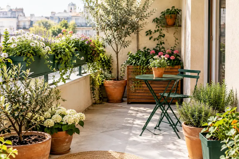 Jardinières de balcon à poser avec fleurs et feuillages sur un sol clair