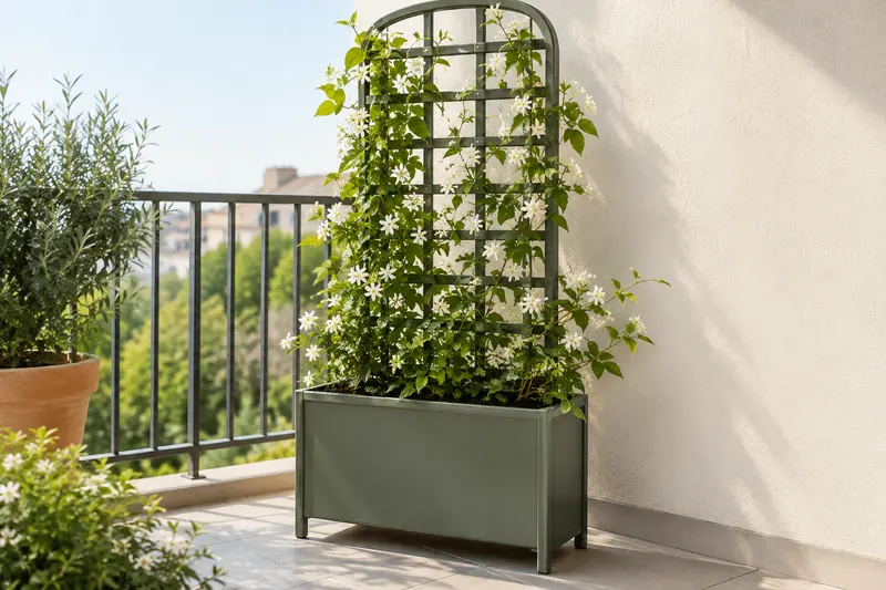 Jardinière avec treillis intégré et plante grimpante sur un balcon