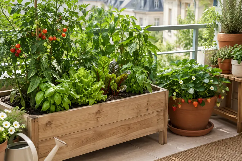 Jardinières de balcon avec plants potagers et fraisiers en croissance