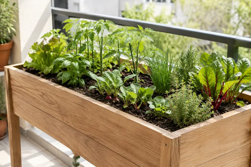 Jardinière potagère sur balcon garnie de légumes et d’aromatiques