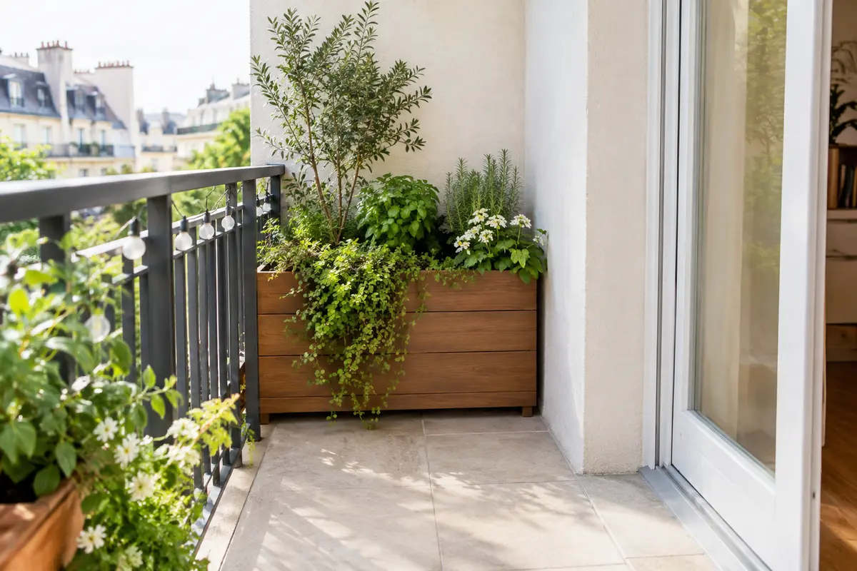 Jardinière compacte installée dans un angle de balcon, avec un passage dégagé devant la porte-fenêtre.