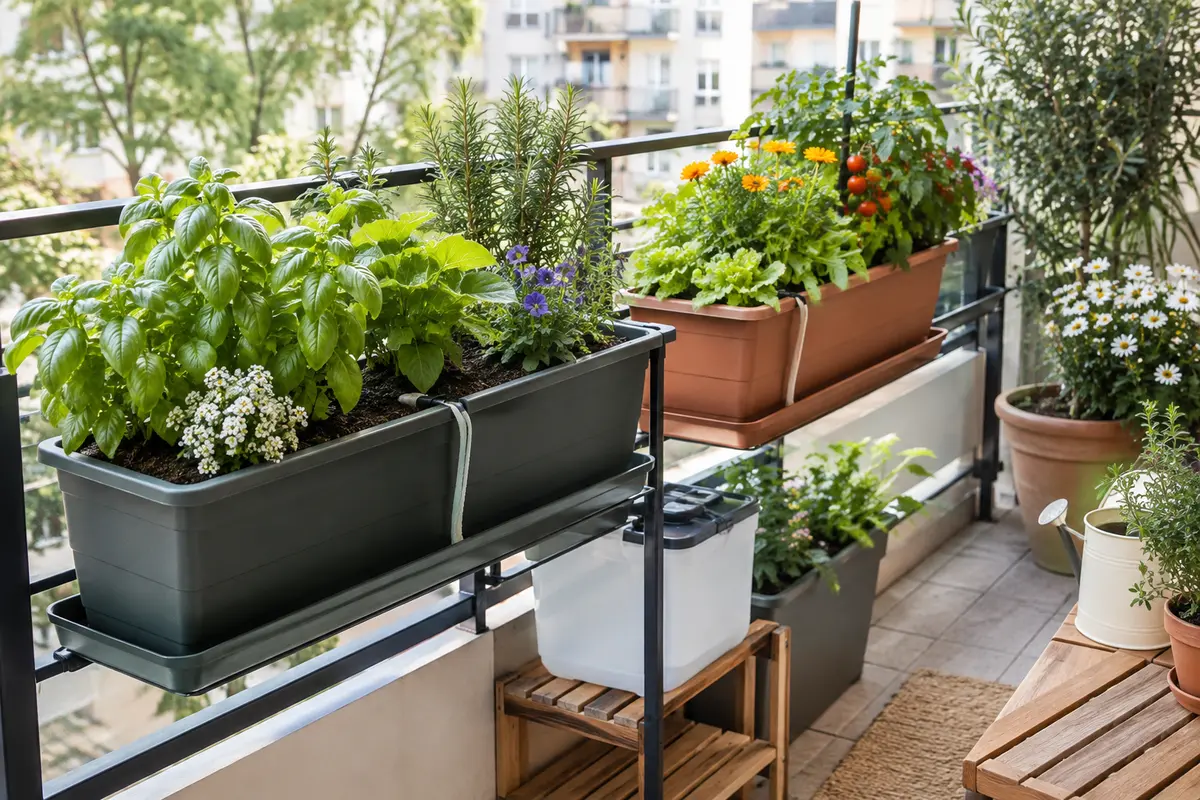 Jardinières de balcon équipées d’une mèche d’arrosage et posées sur des soucoupes sans eau stagnante