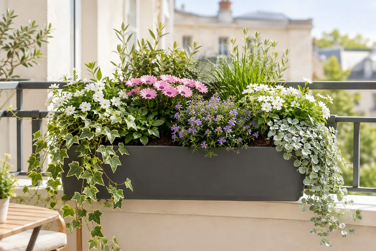 Jardinière de balcon associant des fleurs et des feuillages sous une lumière douce