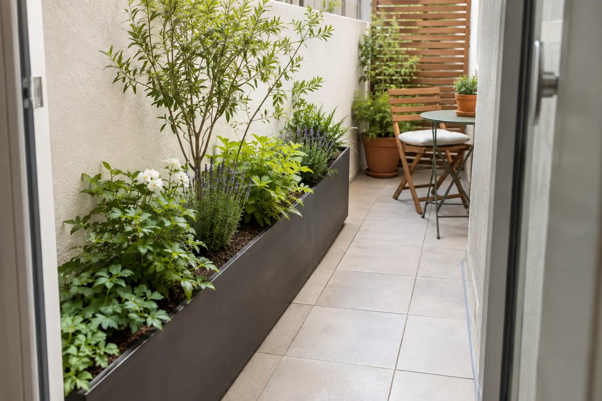 Jardinière rectangulaire étroite installée contre un mur, avec un passage libre sur une petite terrasse.