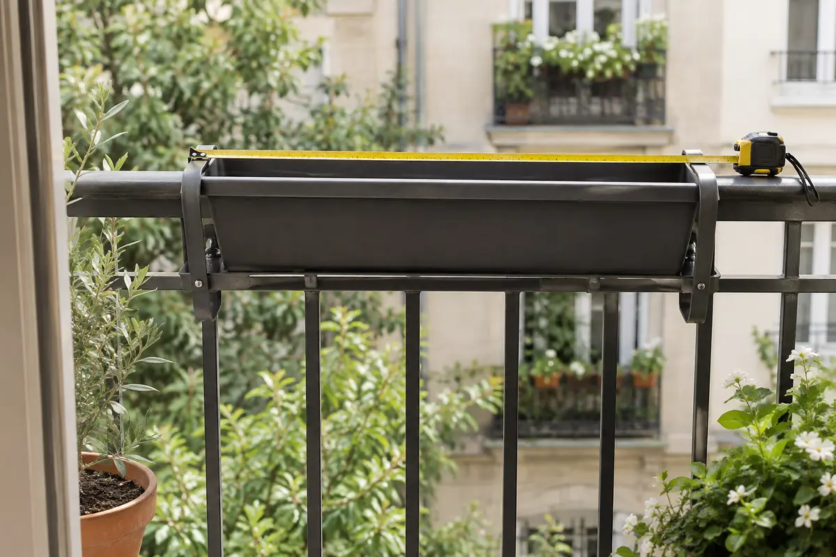 Balconnière vide et mètre ruban sur un garde-corps, pour illustrer la vérification des dimensions.