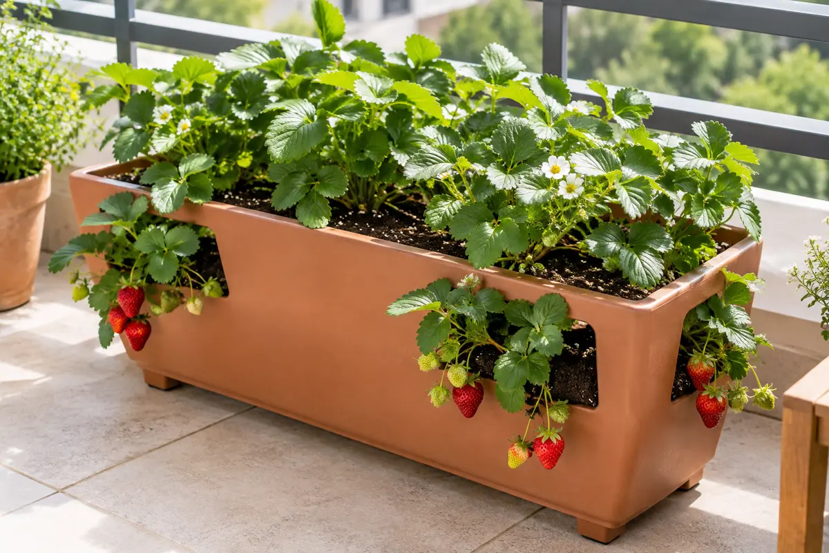 Jardinière à fraisiers sur un balcon, avec des fruits mûrs suspendus dans les ouvertures latérales.