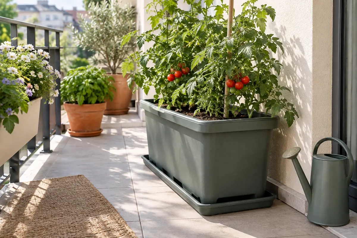 Plant de tomate tuteuré dans un bac profond posé sur un balcon lumineux