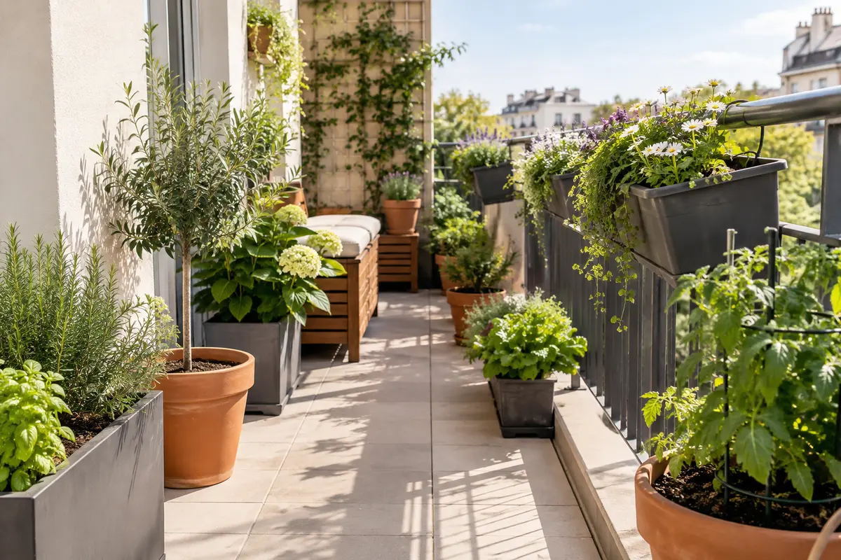 Jardinières de balcon installées dans des zones ensoleillées et ombragées selon l’orientation.