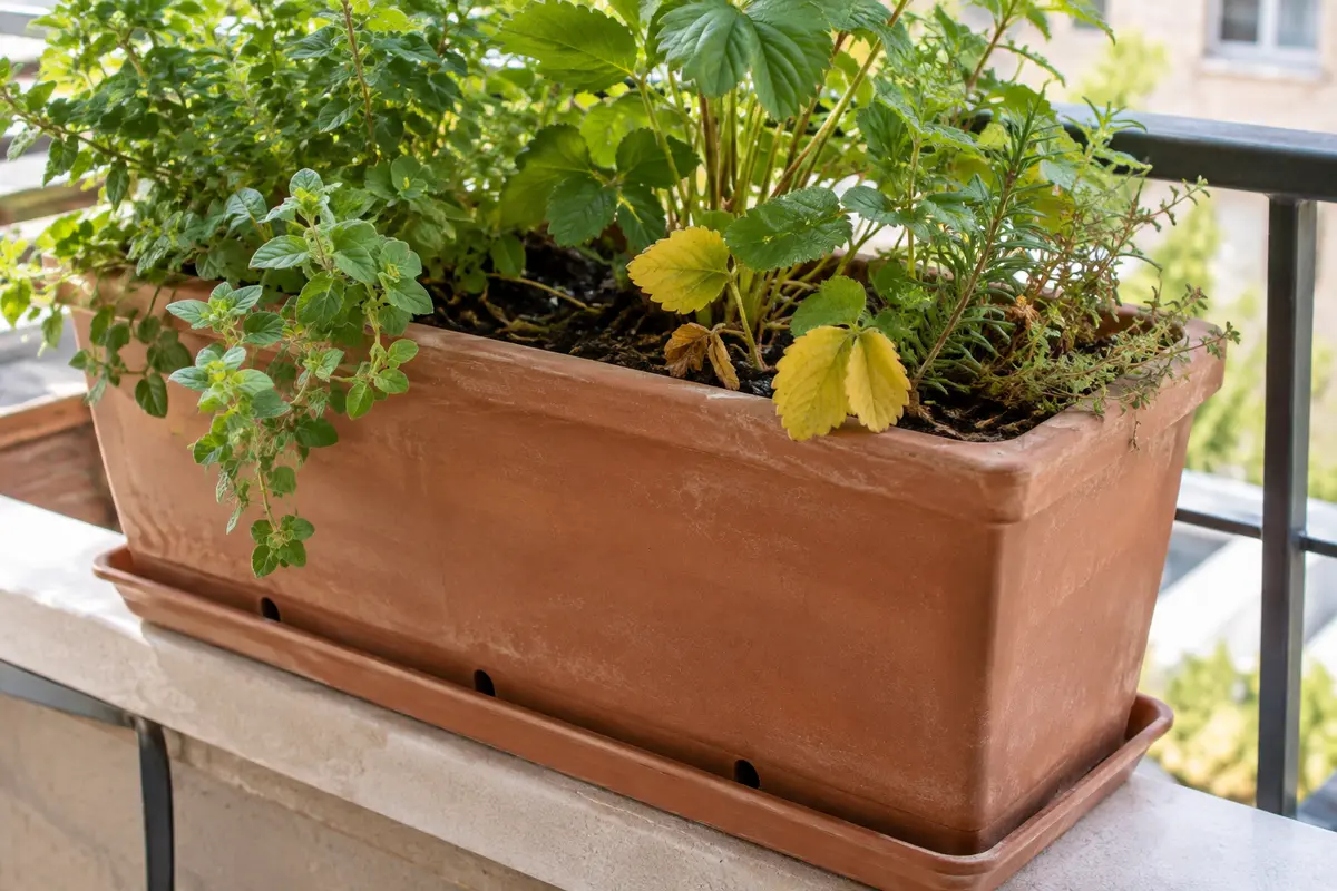 Jardinière de balcon avec quelques feuilles jaunies, terreau et soucoupe visibles pour vérifier le drainage