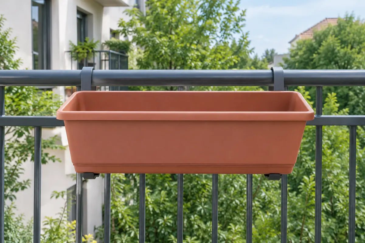 Jardinière vide suspendue côté intérieur d’un garde-corps métallique par deux crochets passés par-dessus la main courante, avec patins de protection.