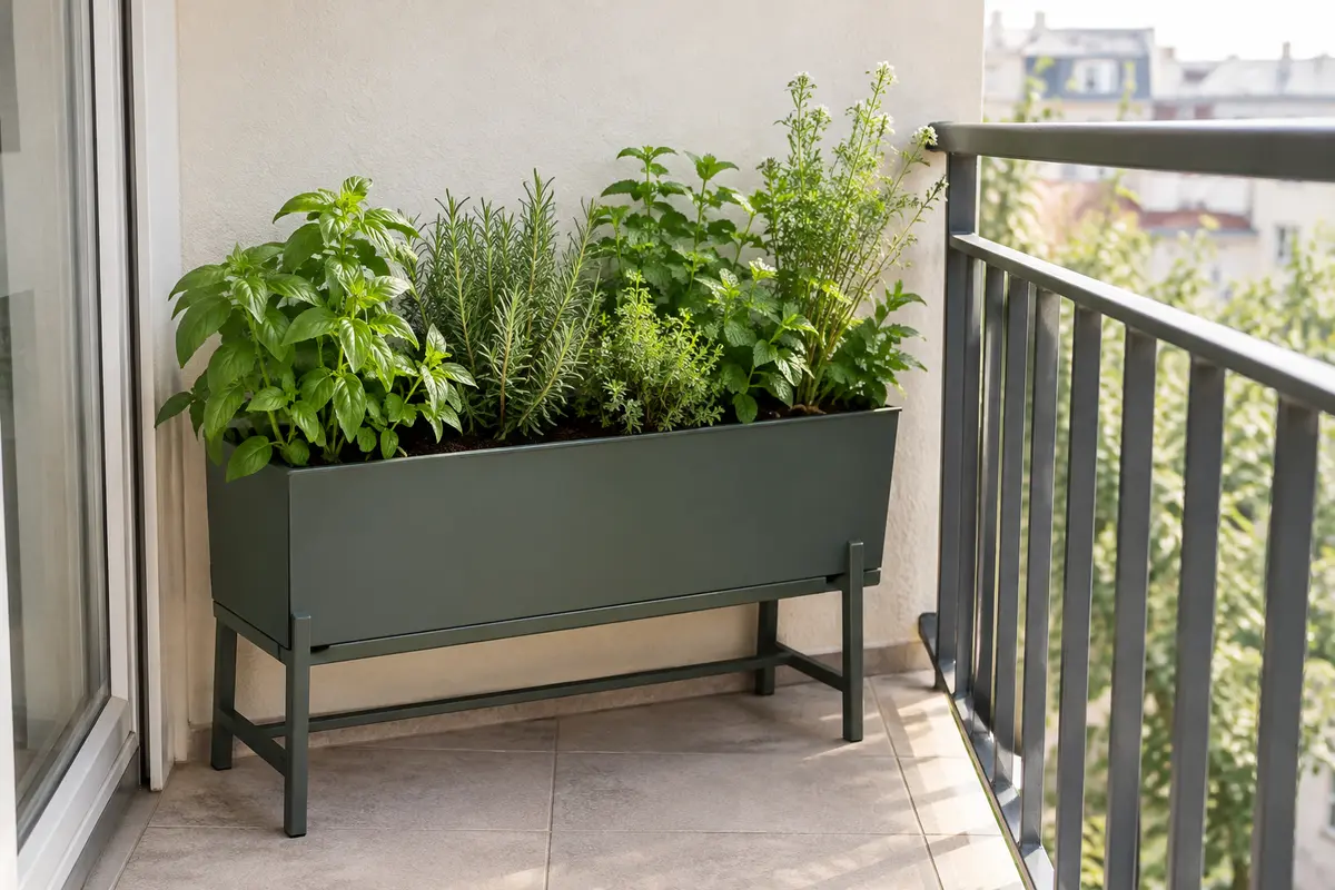 Jardinière posée sur un support autoportant près d’un mur de balcon, sans fixation visible.