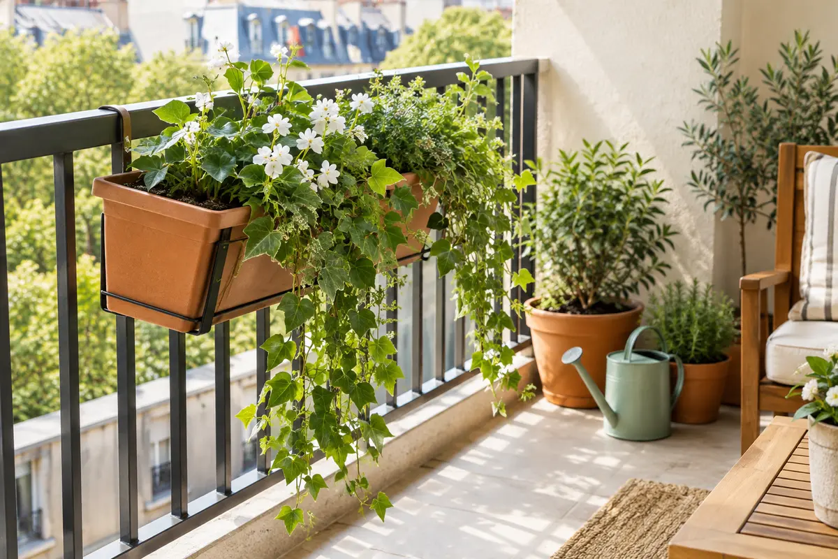 Jardinière suspendue fixée à l’intérieur d’un garde-corps, accessible et éloignée du passage.