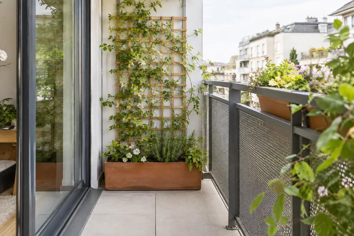 Jardinière avec treillis et feuillage léger installée sur le côté d’une baie vitrée de balcon