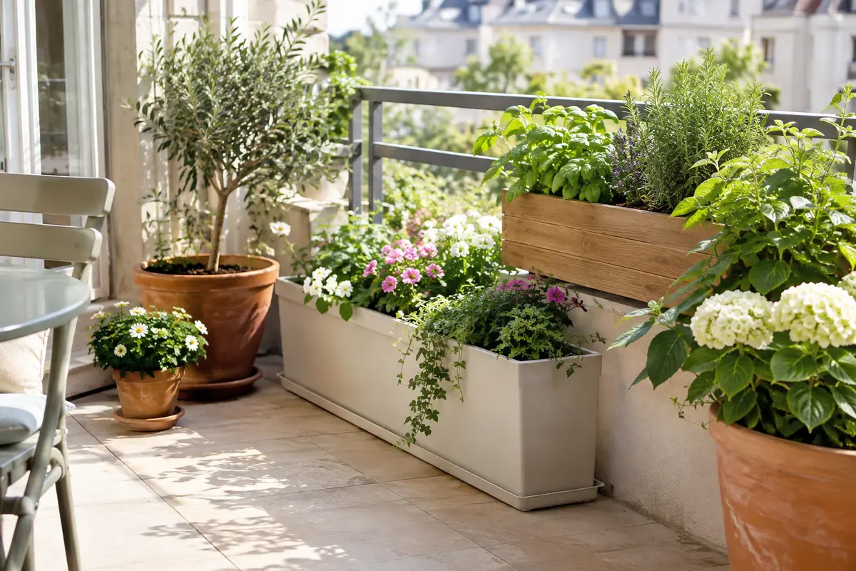 Jardinières en plastique, résine, bois et terre cuite installées sur un balcon ensoleillé