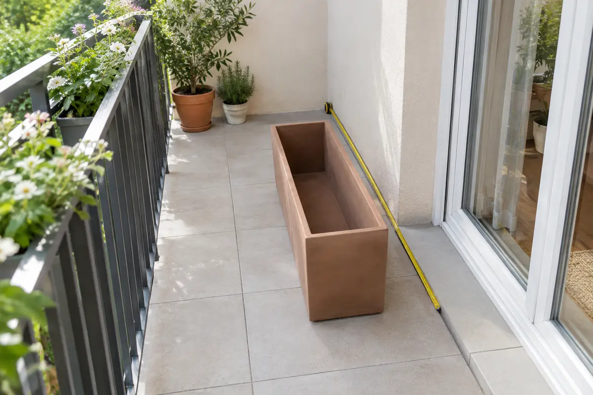 Ruban de mesure et jardinière rectangulaire testés sur un balcon près du garde-corps