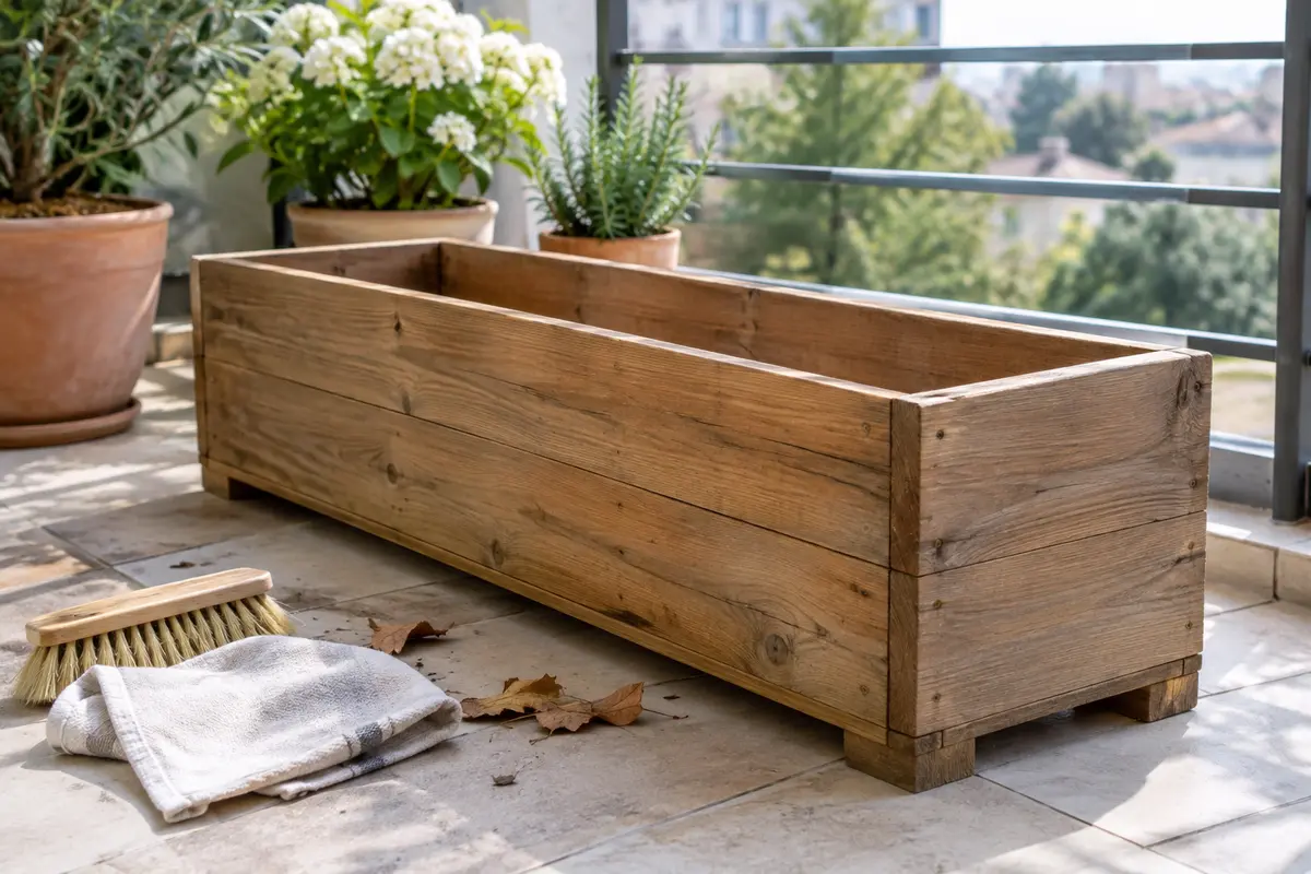 Jardinière en bois vide sur un balcon, avec une brosse souple et un chiffon pour l’entretien après l’hiver