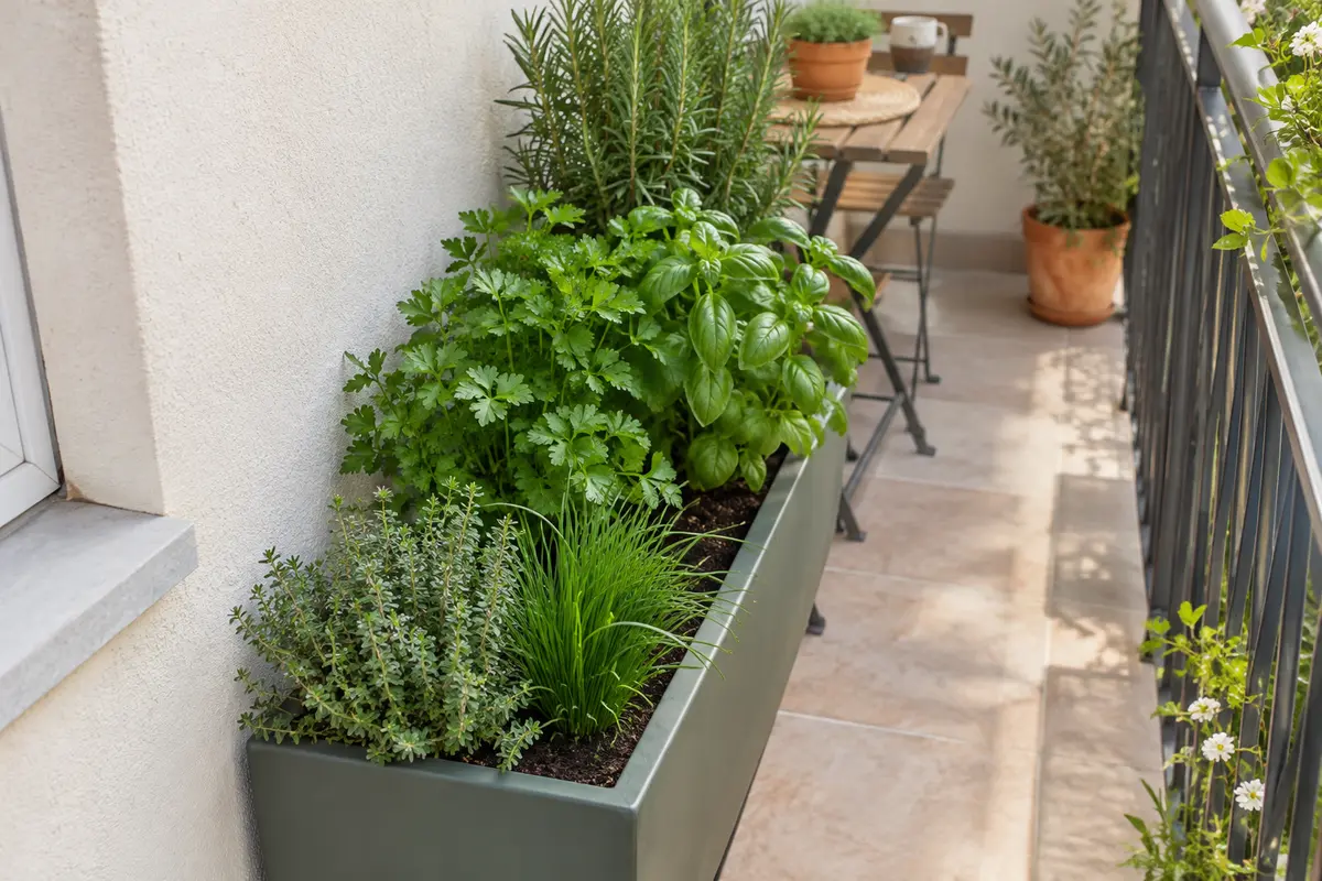 Jardinière potagère avec aromatiques de hauteurs variées, placée contre un mur et laissant le passage libre.