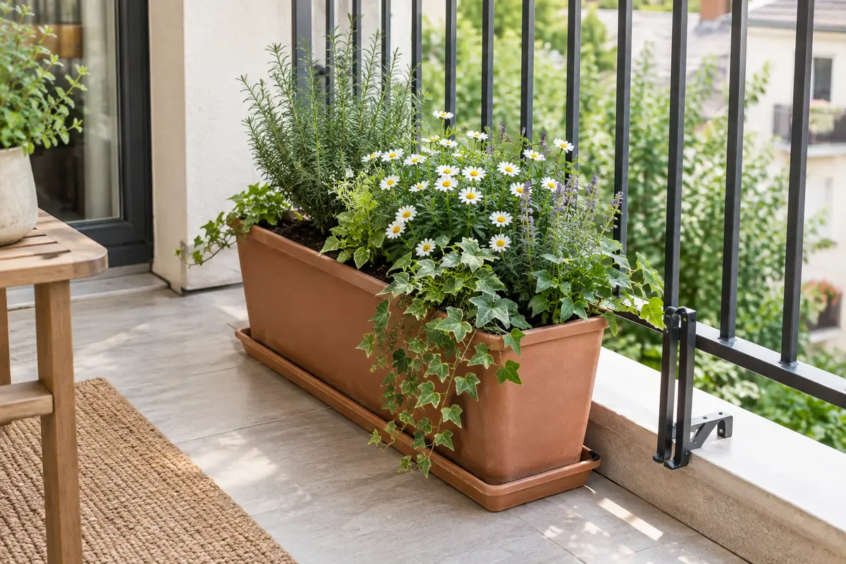 Jardinière remplie posée près d’un garde-corps, avec sa soucoupe et son système de fixation