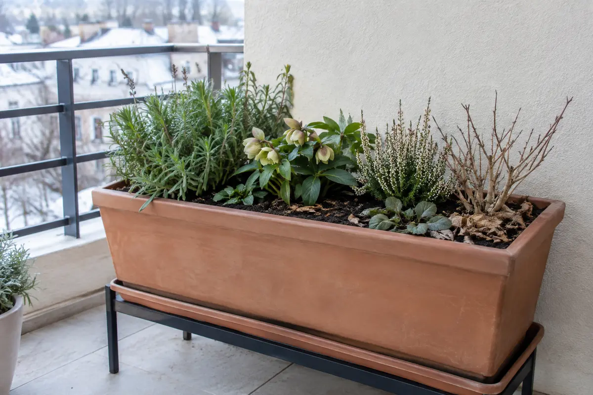 Jardinière de balcon préparée pour l’hiver, avec drainage dégagé et plantes rustiques à l’abri du vent