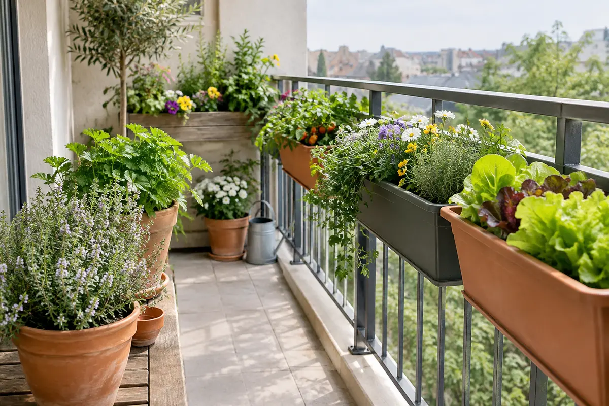 Jardinières de profondeurs variées accueillant aromatiques, fleurs et légumes sur un balcon