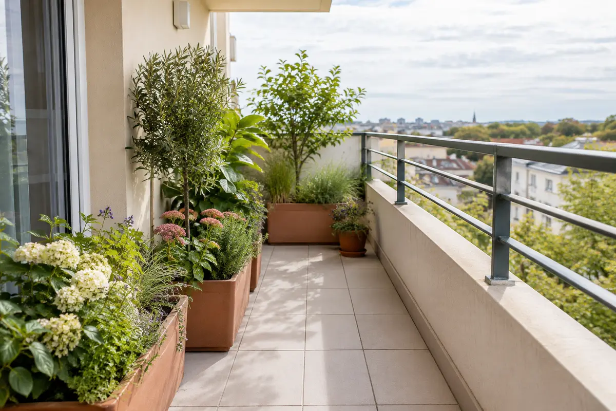 Jardinières regroupées près d’un mur latéral sur un balcon, à l’abri des rafales directes.