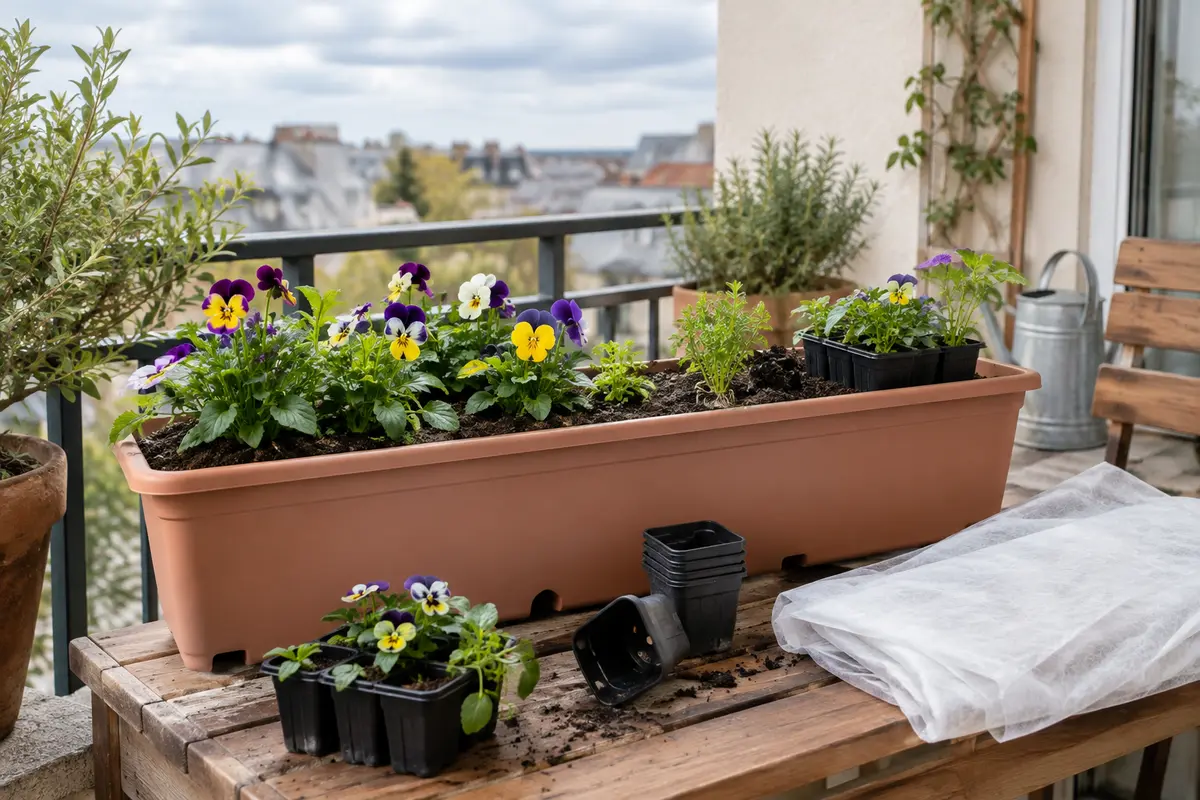 Jardinière de balcon au printemps avec jeunes fleurs, plants en godets et voile de protection contre le froid