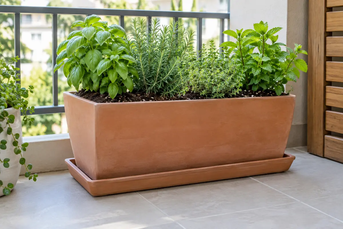 Jardinière rectangulaire posée sur une soucoupe pour recueillir l’eau d’arrosage sur un balcon