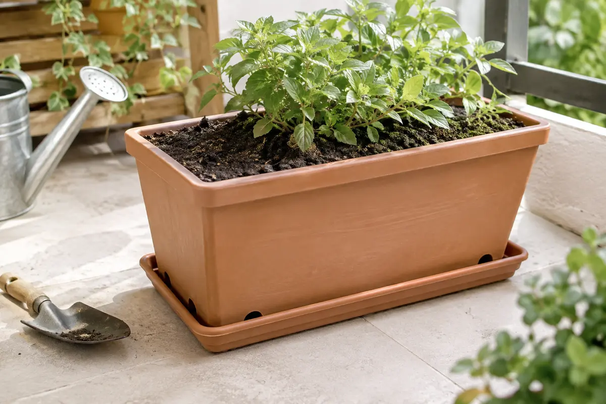 Jardinière de balcon remplie de substrat aéré, avec trous de drainage et soucoupe.