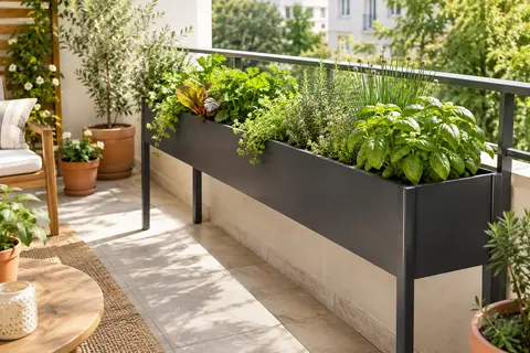 Jardinière surélevée en métal garnie d’herbes aromatiques sur un balcon lumineux