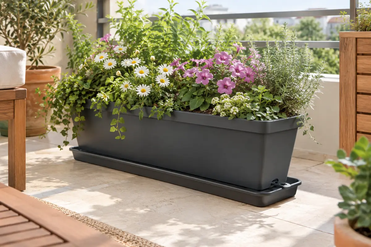 Soucoupe rectangulaire anthracite sous une jardinière fleurie sur un balcon lumineux