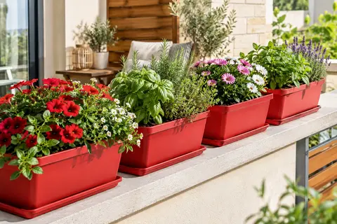 Jardinières rectangulaires rouges garnies de fleurs et d’aromatiques, posées avec leurs soucoupes sur un balcon
