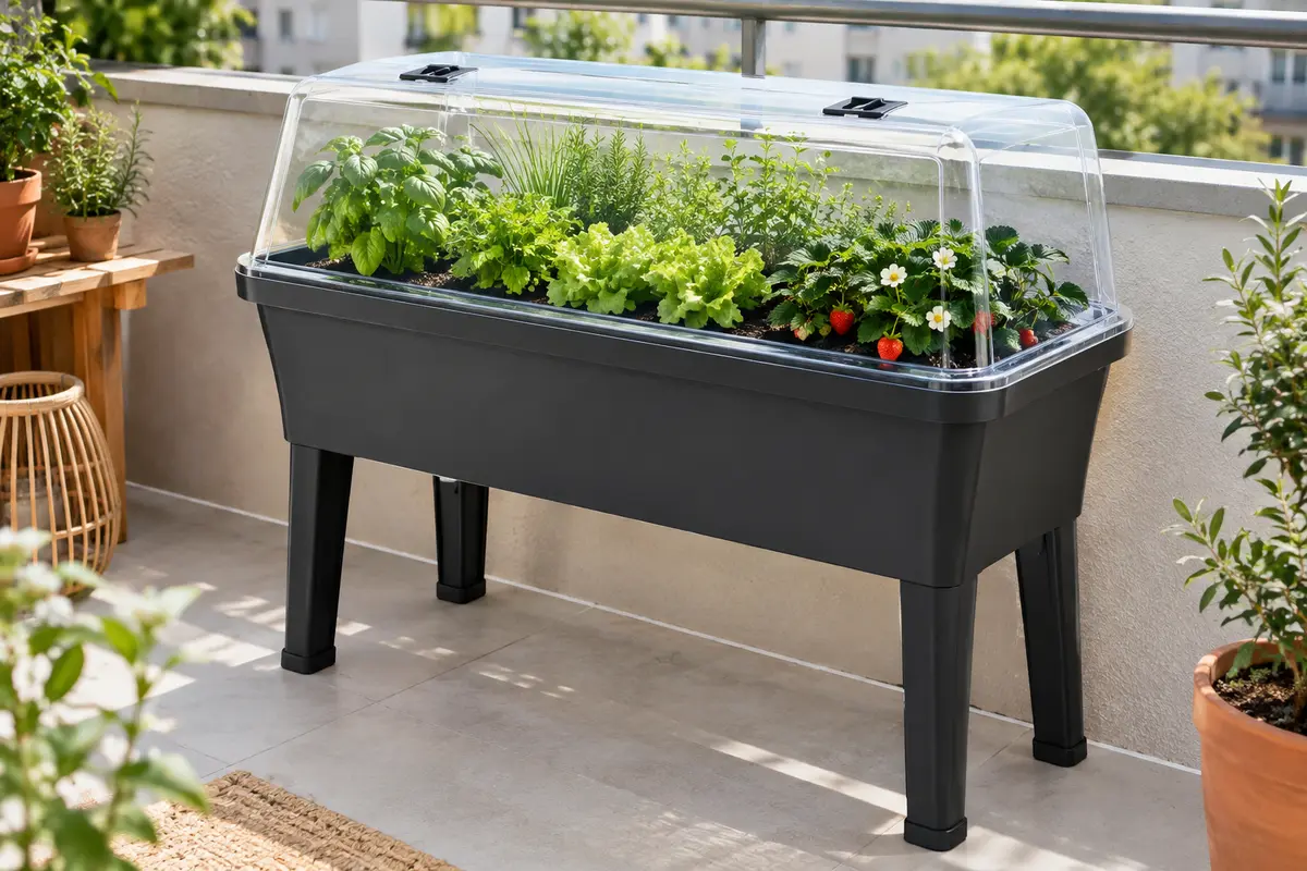 Jardinière surélevée en plastique sombre avec capot transparent, garnie de jeunes plants sur un balcon