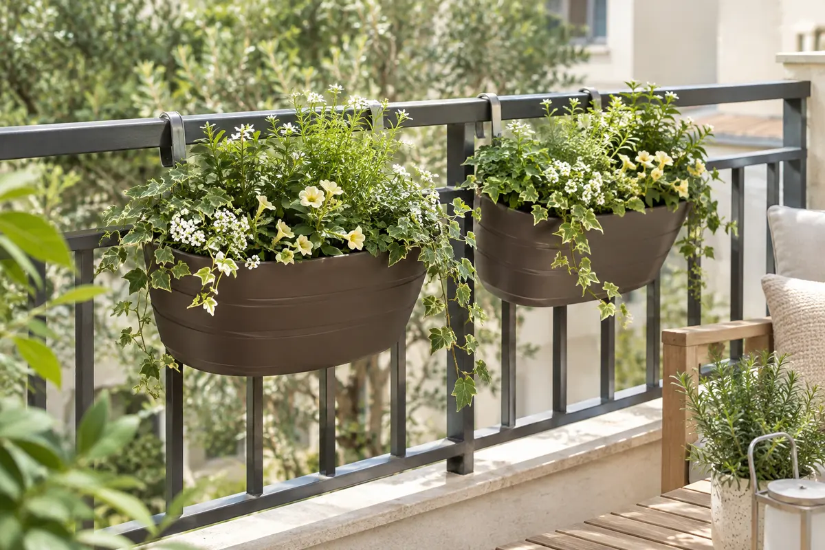 Deux pots suspendus en plastique café, garnis de petites plantes et accrochés à une clôture de balcon
