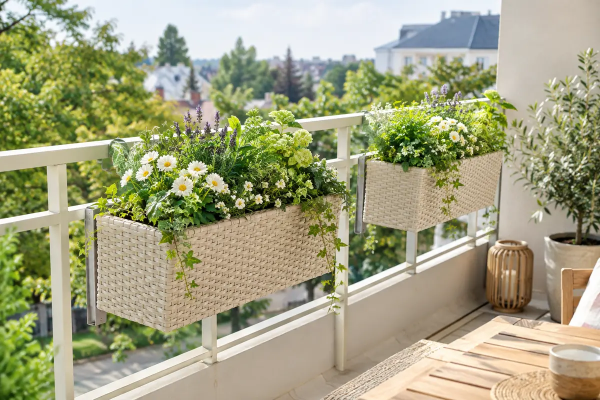 Deux jardinières en polyrotin crème garnies de fleurs, fixées à un garde-corps de balcon