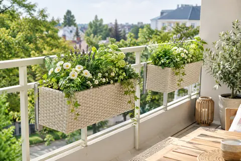 Deux jardinières en polyrotin crème garnies de fleurs, fixées à un garde-corps de balcon