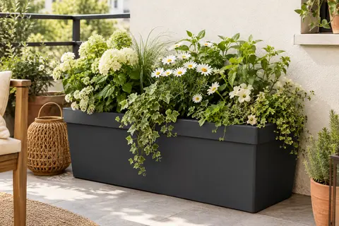 Jardinière rectangulaire anthracite garnie de fleurs et de feuillages sur un balcon lumineux