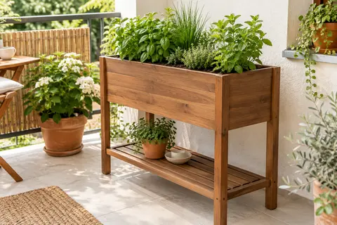 Jardinière surélevée en acacia avec herbes aromatiques et étagère inférieure sur un balcon