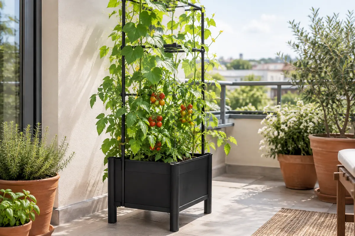Jardinière noire surélevée avec treillis réglable et plants de tomates sur un balcon lumineux.