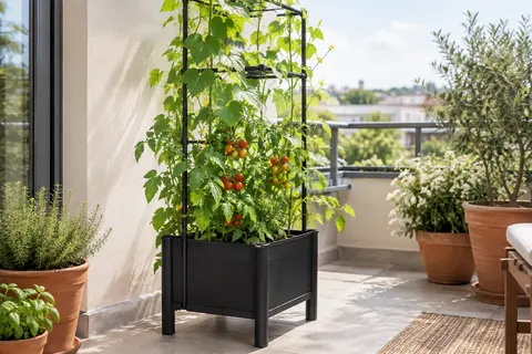 Jardinière noire surélevée avec treillis réglable et plants de tomates sur un balcon lumineux.