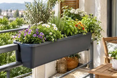 Jardinière cavalière anthracite en plastique sur une rambarde de balcon, garnie de fleurs et de feuillages.