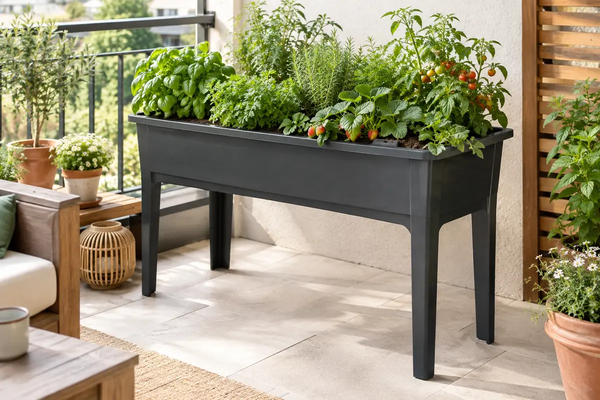 Table potagère anthracite sur un balcon, garnie d’aromates dans un bac surélevé.