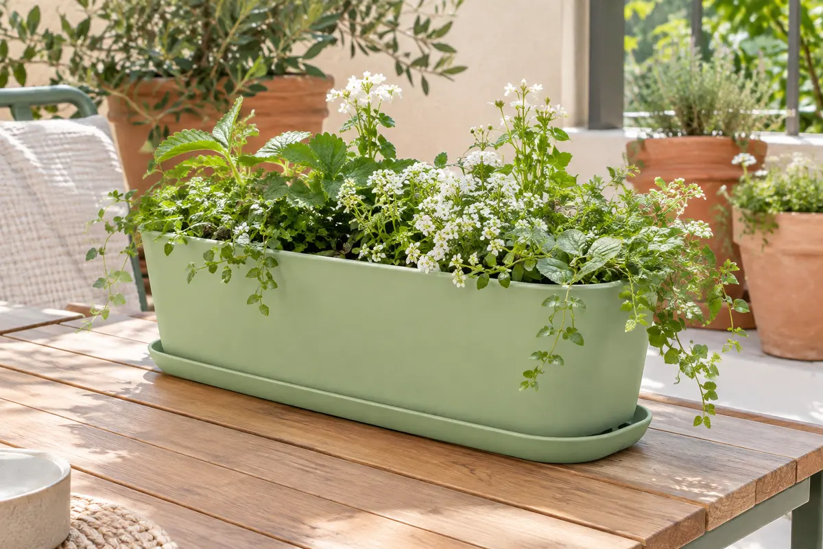 Balconnière vert pistache fleurie posée dans sa soucoupe allongée assortie, sur une table basse en bois d’un balcon lumineux.