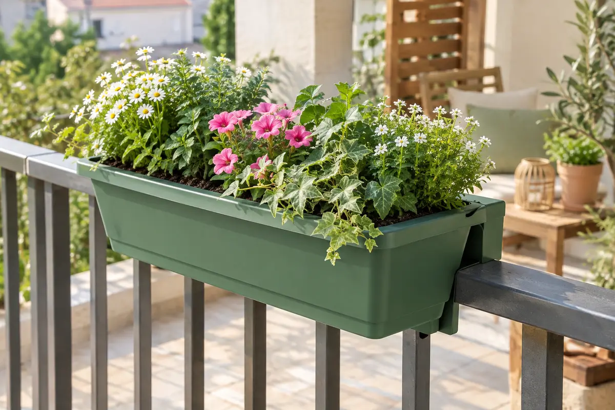 Balconnière verte à cheval sur une balustrade, garnie de fleurs et de feuillages.