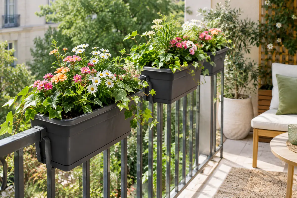 Deux balconnières noires garnies de fleurs et de feuillages, posées à cheval sur une rambarde de balcon.