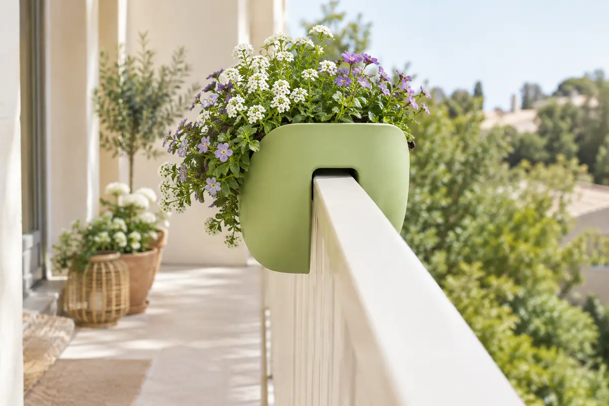 Jardinière vert pistache posée à cheval sur la main courante d’un garde-corps, une moitié de chaque côté, garnie de fleurs et de feuillages.